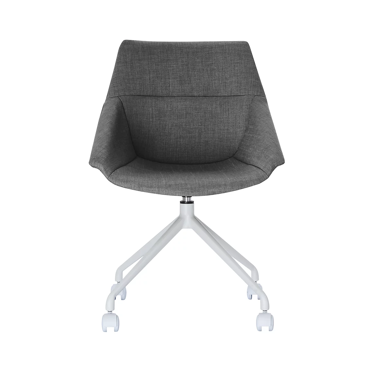 Grey office chair on white wheels, against a white background.