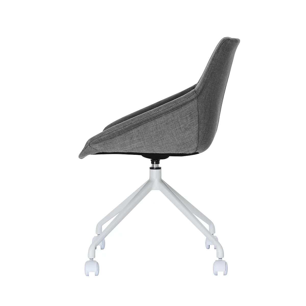 Grey office chair in profile. White castors, white frame, grey seat and backrest.