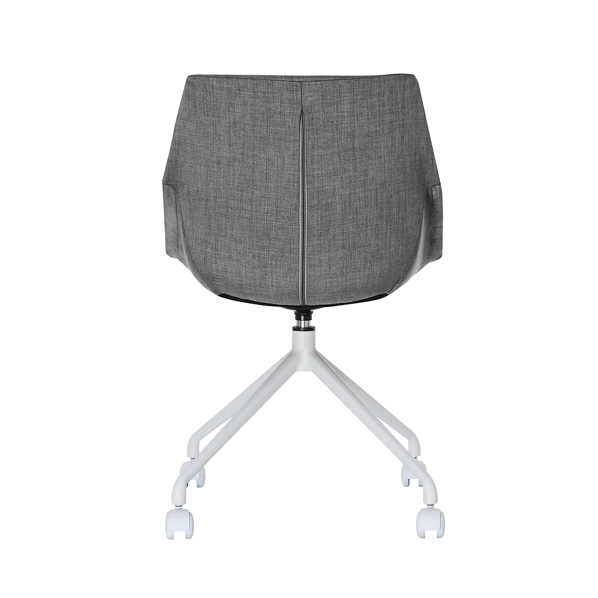 Back of a gray office chair with white legs and wheels.