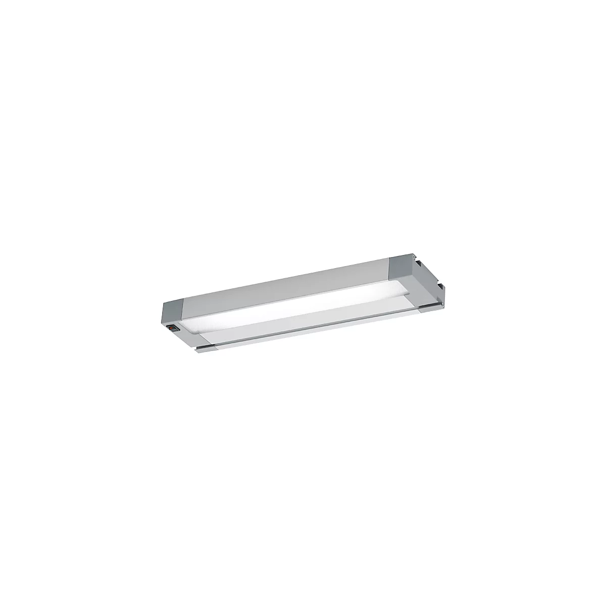 Luminaire LED rectangulaire gris, avec lumière blanche et un interrupteur marche/arrêt rouge.