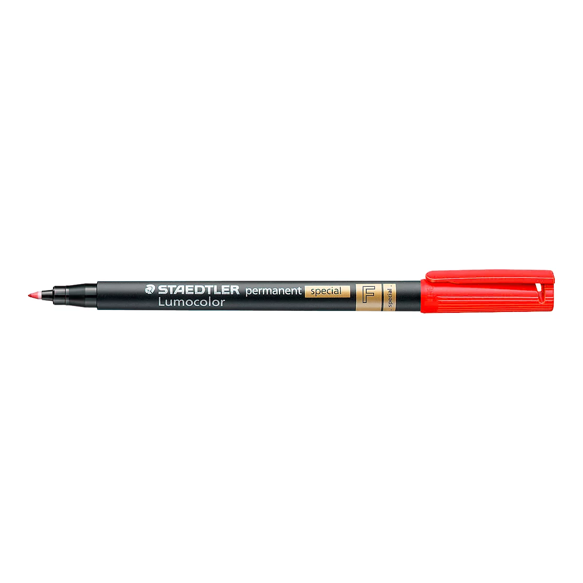 A red Staedtler Lumocolor permanent marker on a white background. Inscription: Staedtler Lumocolor permanent.