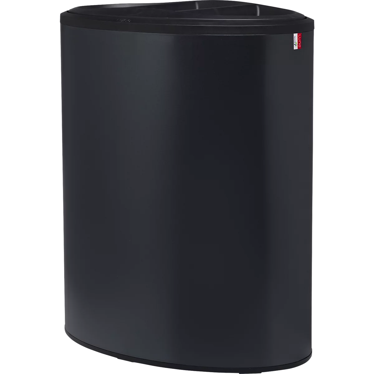 Lune Design-Abfalleimer Binc, Stahl, offener Kunststoffdeckel, 50 l, 3 Abfallströme, mobil, B 360 x T 560 x H 680 mm, schwarz