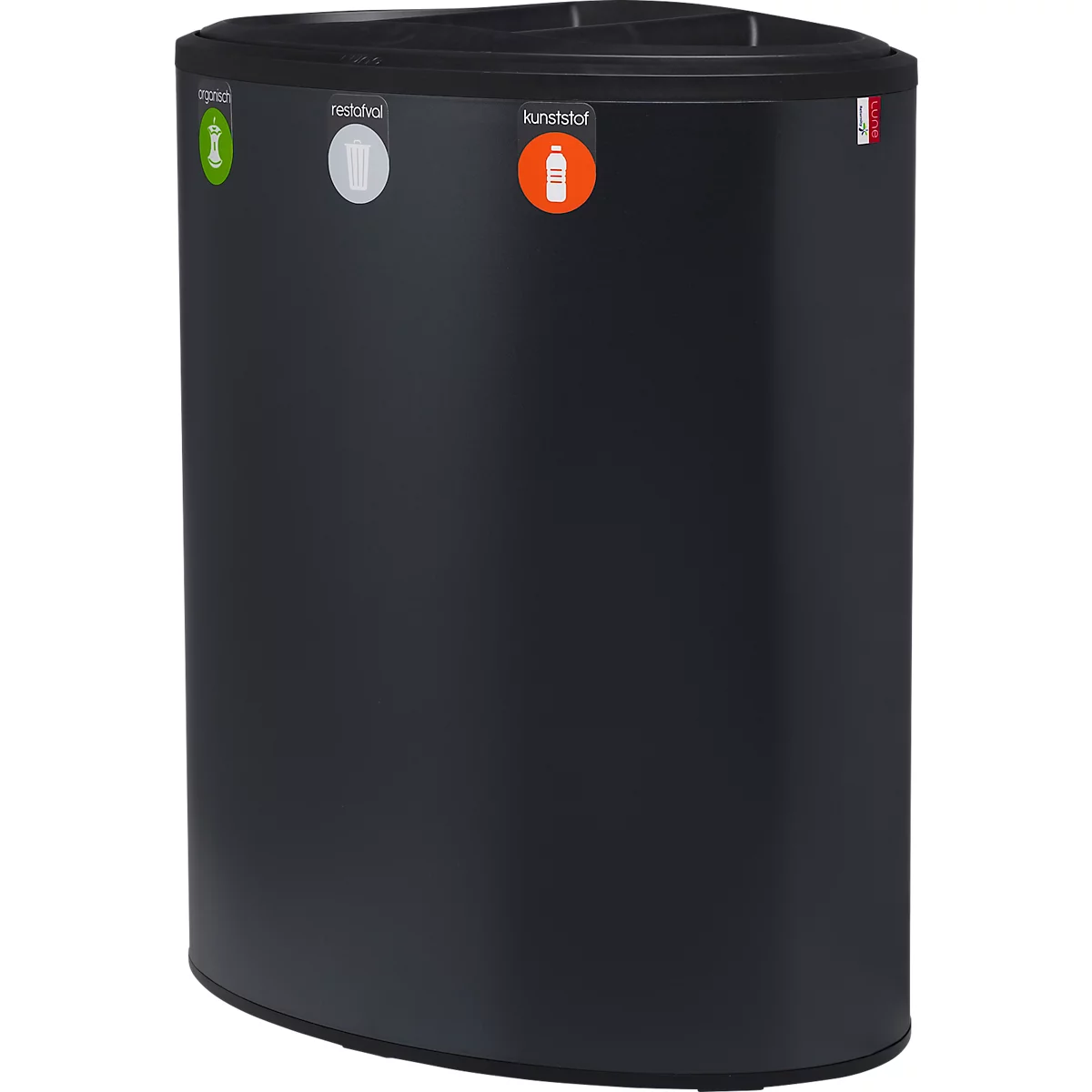 Lune Design-Abfalleimer Binc, Stahl, offener Kunststoffdeckel, 50 l, 3 Abfallströme, mobil, B 360 x T 560 x H 680 mm, schwarz