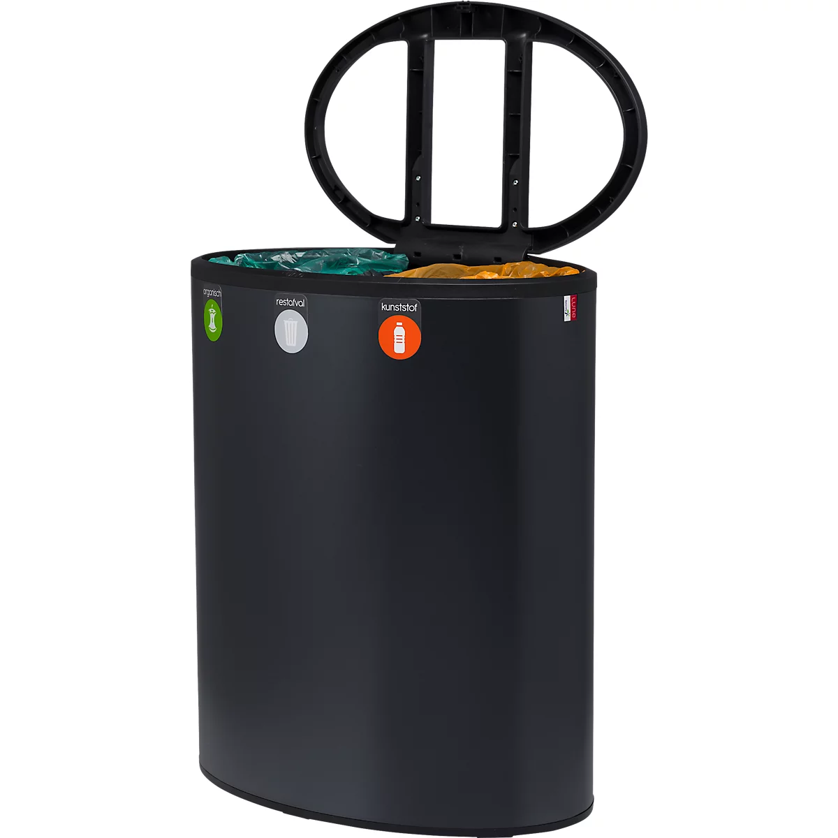 Lune Design-Abfalleimer Binc, Stahl, offener Kunststoffdeckel, 50 l, 3 Abfallströme, mobil, B 360 x T 560 x H 680 mm, schwarz