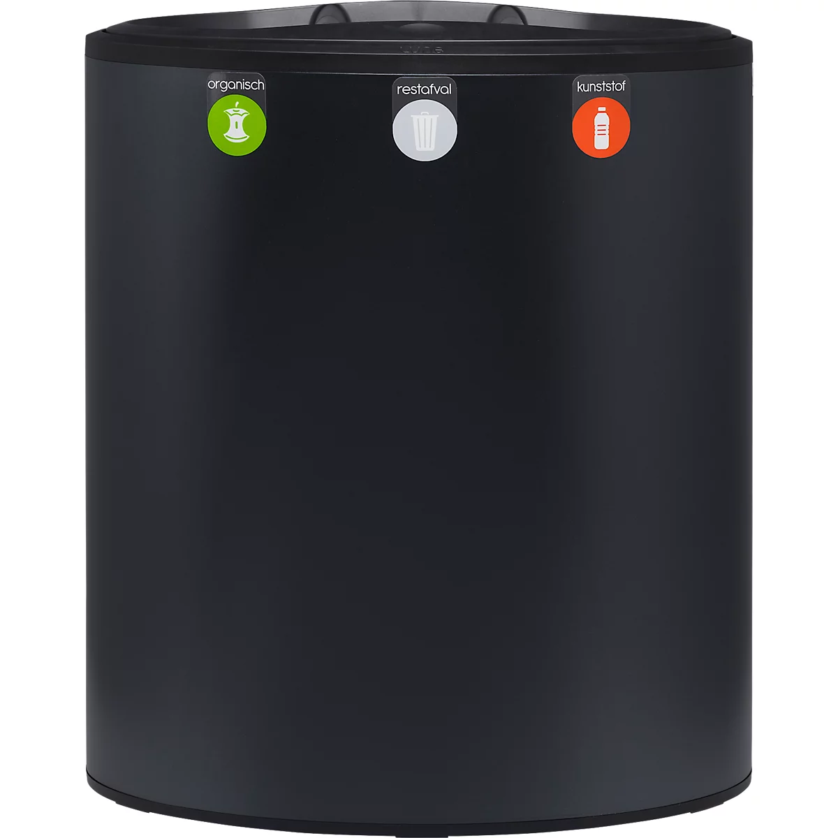 Lune Design-Abfalleimer Binc, Stahl, offener Kunststoffdeckel, 50 l, 3 Abfallströme, mobil, B 360 x T 560 x H 680 mm, schwarz