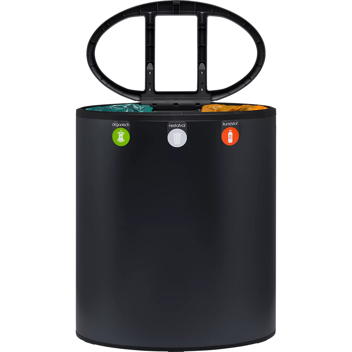 Lune Design-Abfalleimer Binc, Stahl, offener Kunststoffdeckel, 50 l, 3 Abfallströme, mobil, B 360 x T 560 x H 680 mm, schwarz