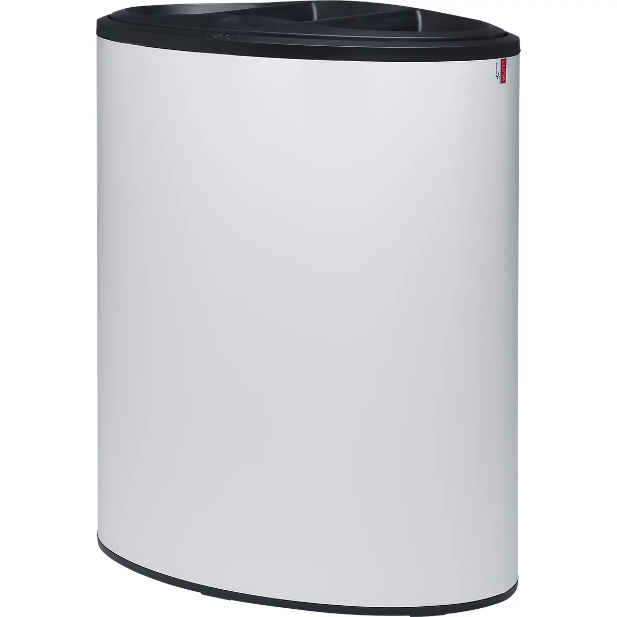 Lune Design-Abfalleimer Binc, Stahl, offener Kunststoffdeckel, 50 l, 3 Abfallströme, mobil, B 360 x T 560 x H 680 mm, weiß/schwarz