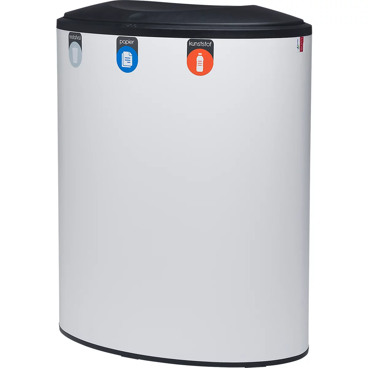 Lune design afvalbak Binc, staal, gesloten kunststof deksel, 50 l, 3 afvalstromen, verrijdbaar, B 360 x D 560 x H 680 mm, wit/zwart