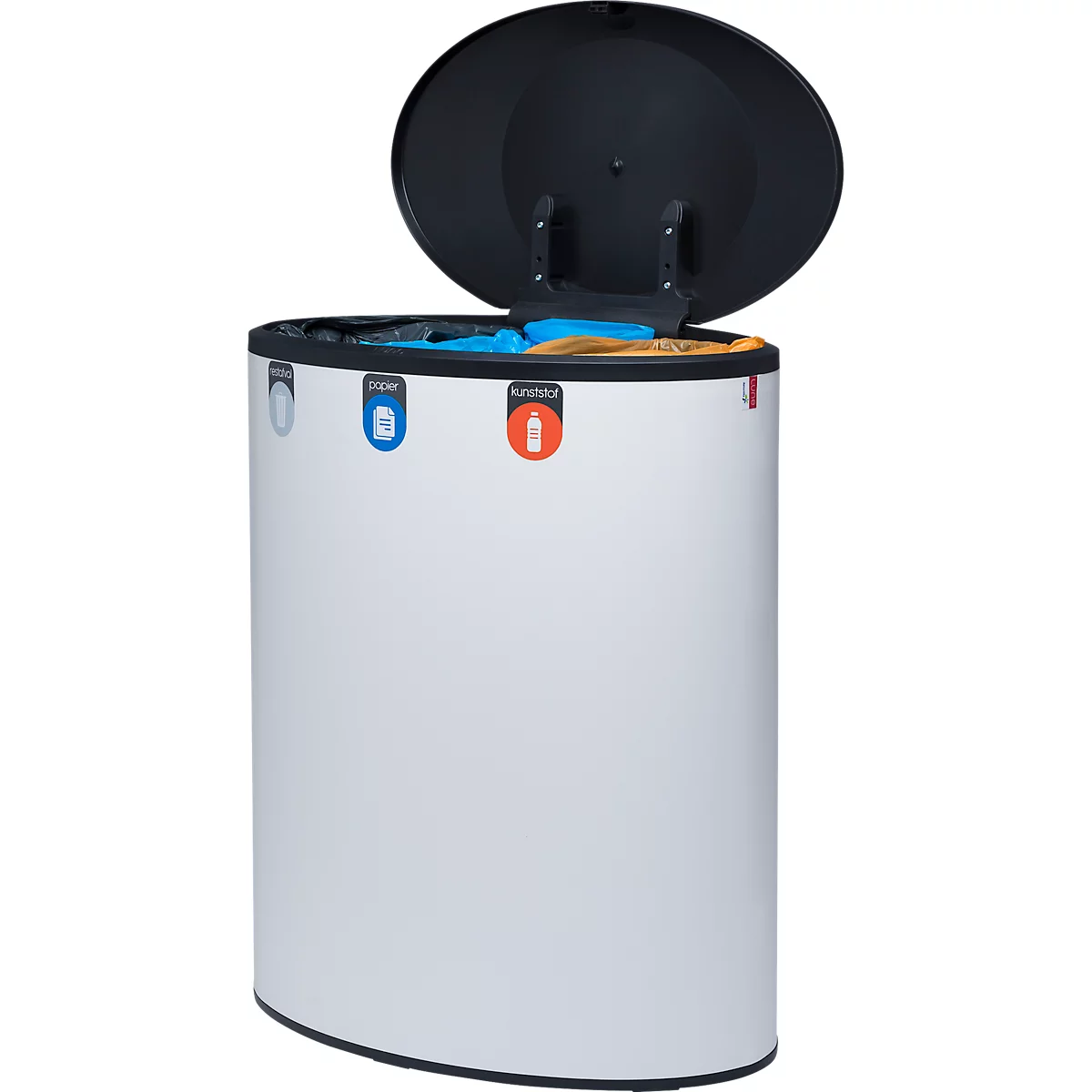 Lune design afvalbak Binc, staal, gesloten kunststof deksel, 50 l, 3 afvalstromen, verrijdbaar, B 360 x D 560 x H 680 mm, wit/zwart