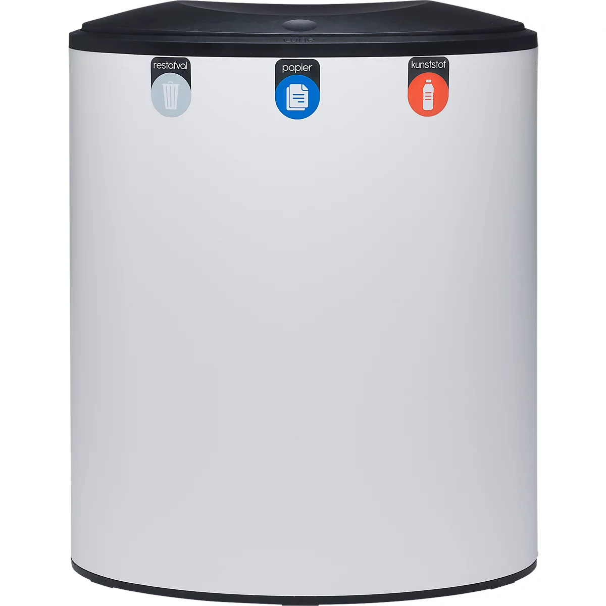 Lune design afvalbak Binc, staal, gesloten kunststof deksel, 50 l, 3 afvalstromen, verrijdbaar, B 360 x D 560 x H 680 mm, wit/zwart