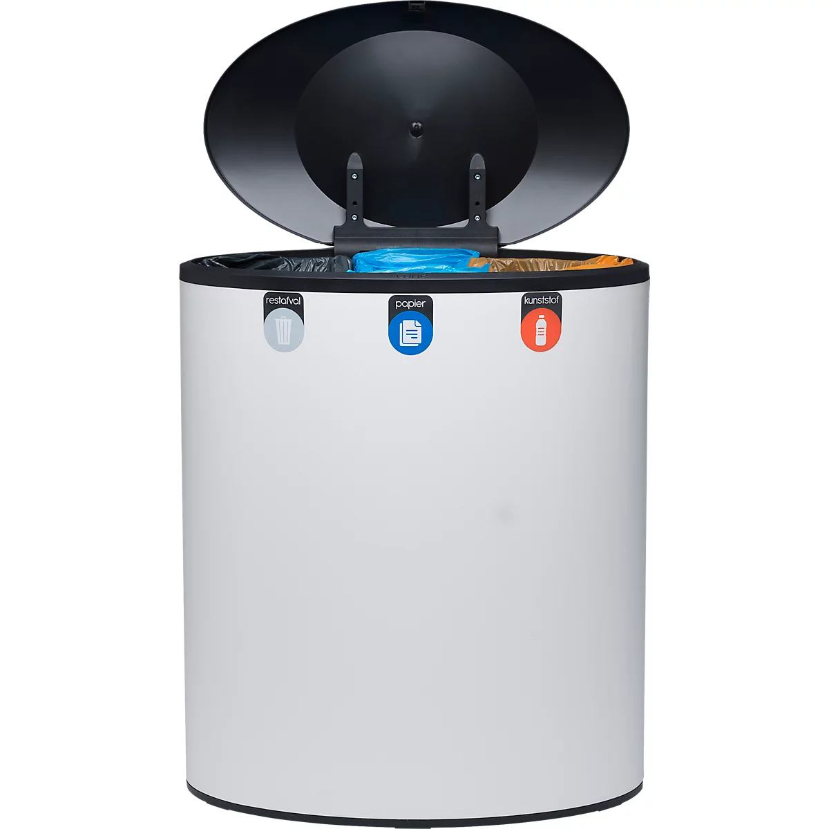 Lune design afvalbak Binc, staal, gesloten kunststof deksel, 50 l, 3 afvalstromen, verrijdbaar, B 360 x D 560 x H 680 mm, wit/zwart