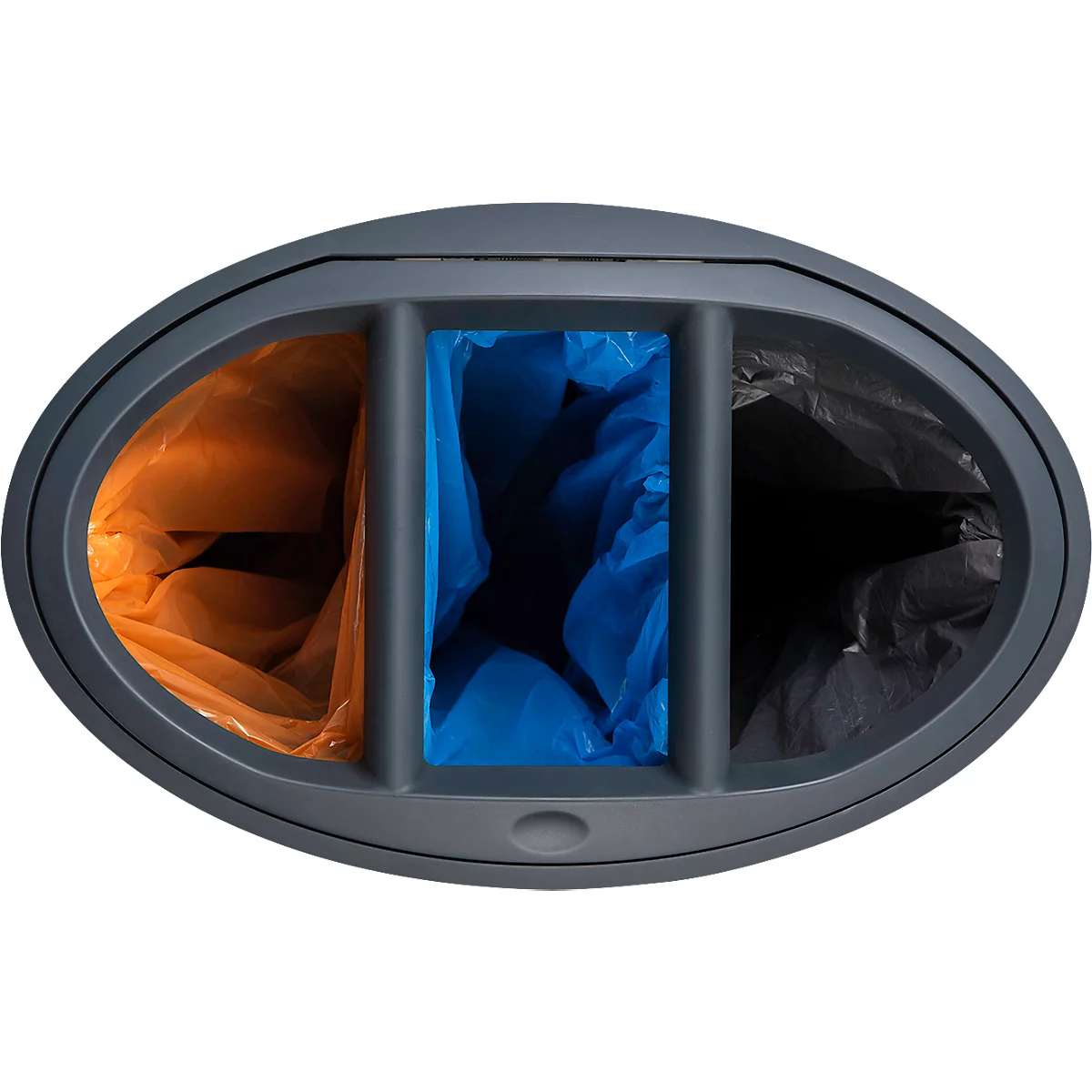 Lune Poubelle design Binc, acier, couvercle plastique ouvert, 50 l, 3 flux de déchets, mobile, L 360 x P 560 x H 680 mm, noir
