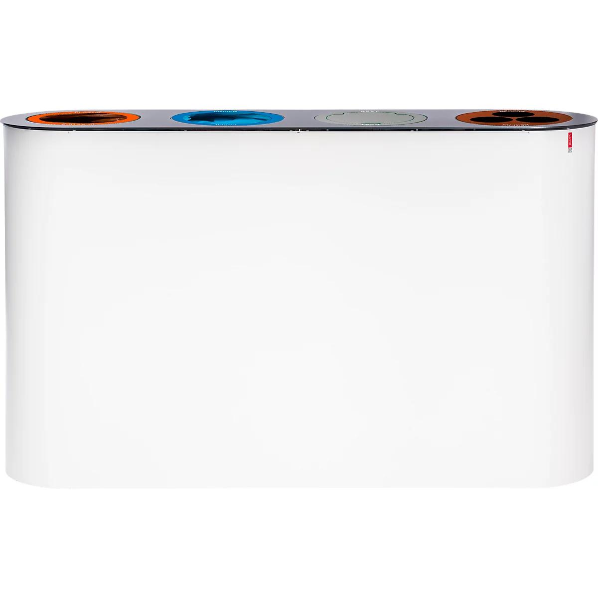 Lune Système de tri des déchets Split, acier galvanisé, 4 flux de déchets, 38 l, anneaux d'écoulement colorés, L 1280 x P 300 x H 710 mm, blanc/anthracite