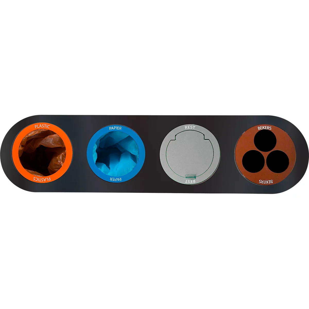 Lune Système de tri des déchets Split, acier galvanisé, 4 flux de déchets, 38 l, anneaux d'écoulement colorés, L 1280 x P 300 x H 710 mm, blanc/anthracite