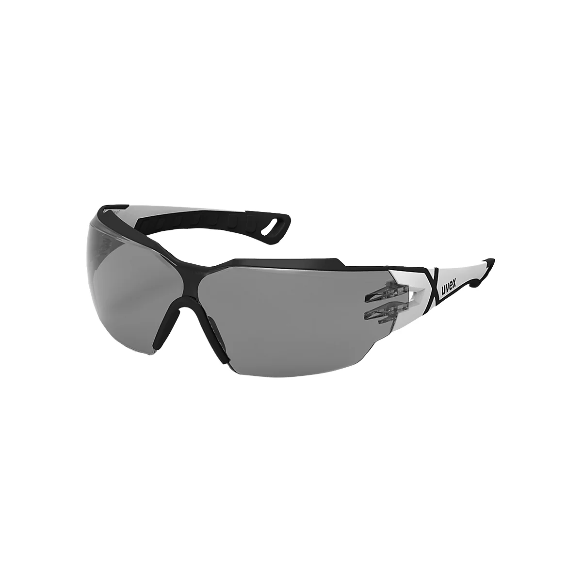 Lunettes de sécurité noires et blanches avec verres gris. L'inscription 'Uvex' est visible sur la branche.