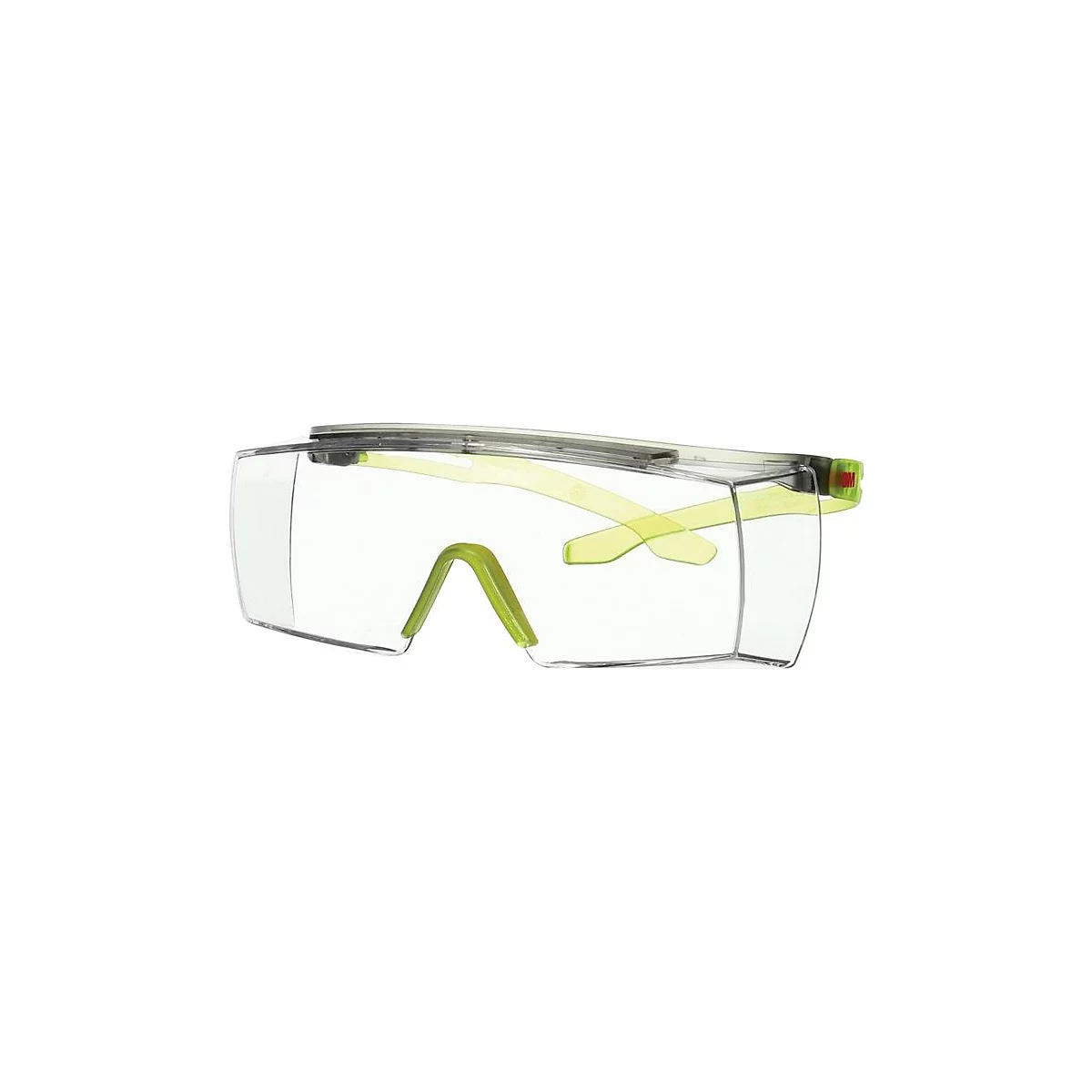 Lunettes de sécurité avec lentilles transparentes et branches jaunes.