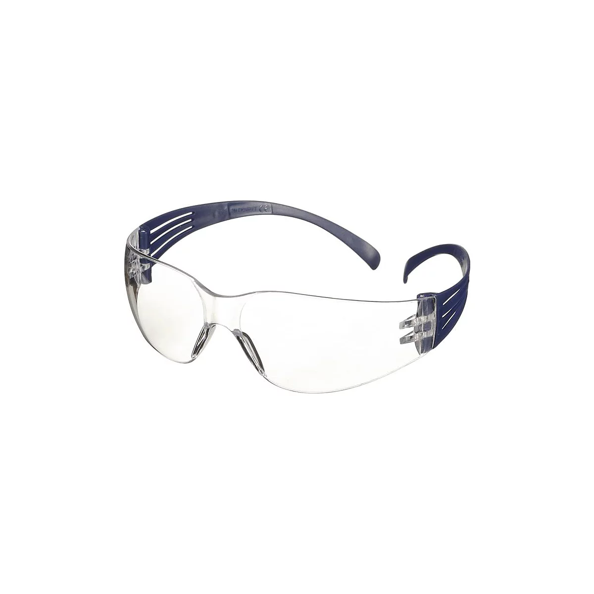 Lunettes de protection avec verres transparents et branches bleu foncé.