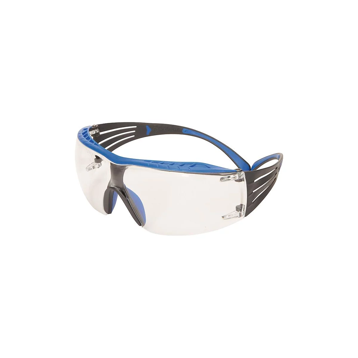 Lunettes de sécurité avec une monture bleue et noire et des verres transparents.