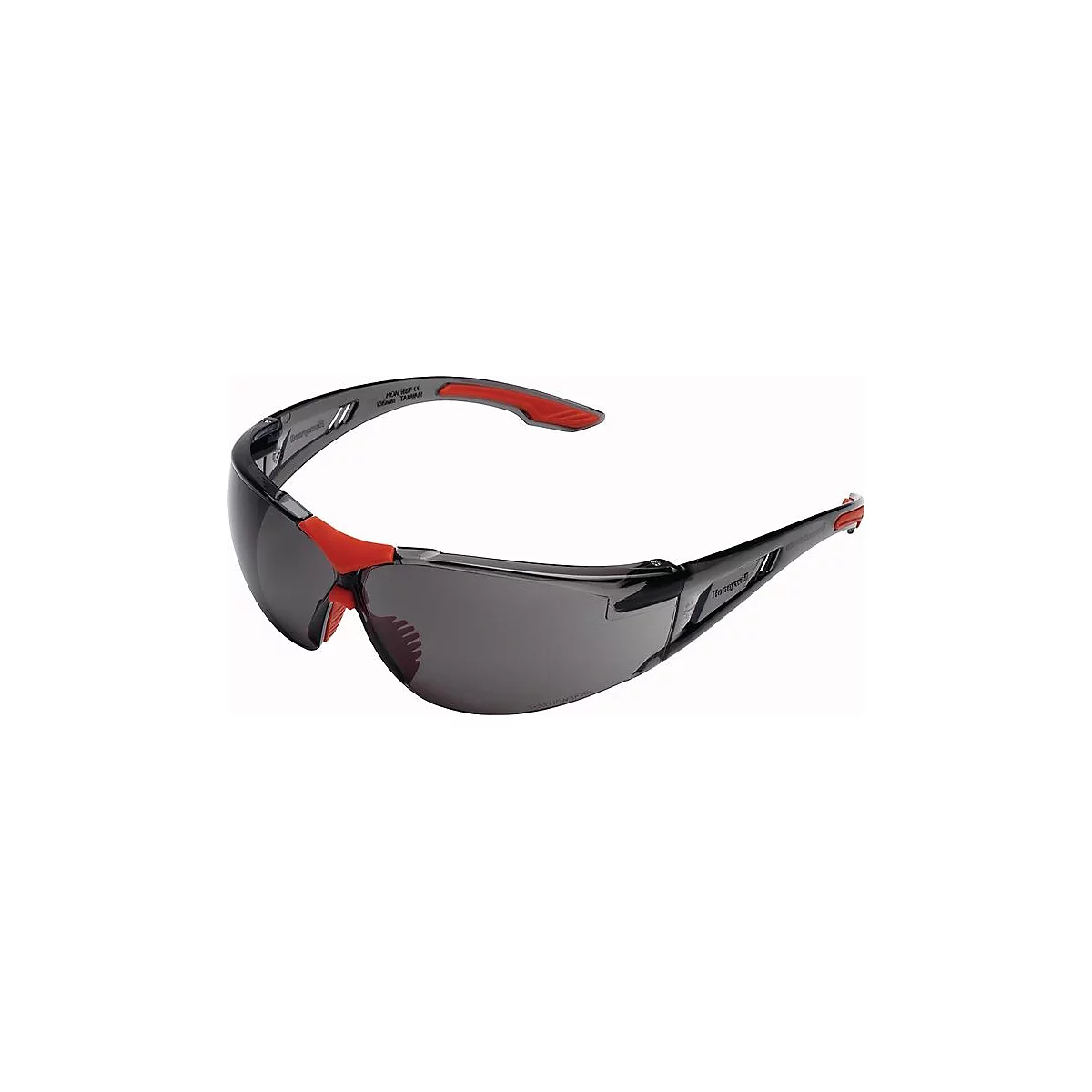 Lunettes de sécurité grises avec des accents rouges. Les lunettes ont une monture large et des verres foncés.
