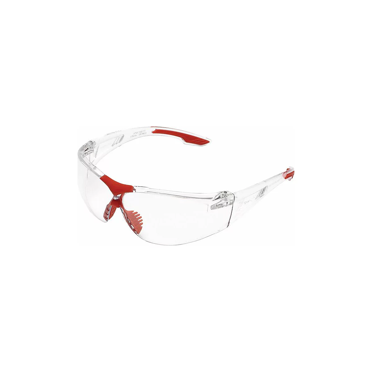Lunettes de sécurité transparentes avec des accents rouges sur les branches et les coussinets de nez.