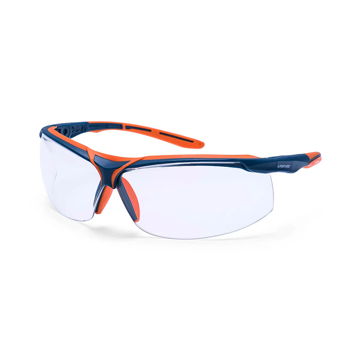 Lunettes de protection avec monture bleue et orange. Les verres sont clairs et légèrement incurvés.
