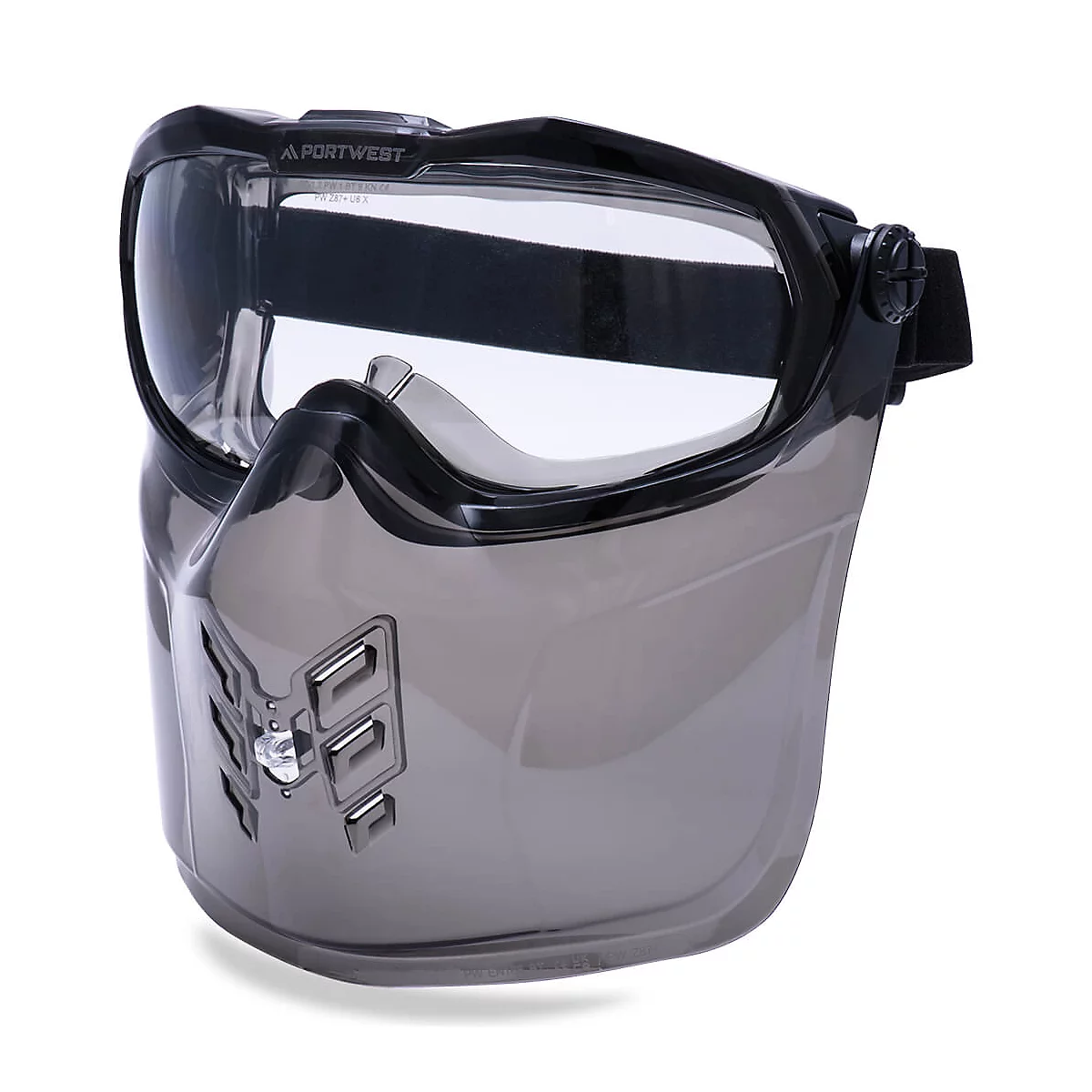 Lunettes de protection avec protection faciale intégrée. Monture noire et verres teintés. Nom de la marque : PORTWEST.