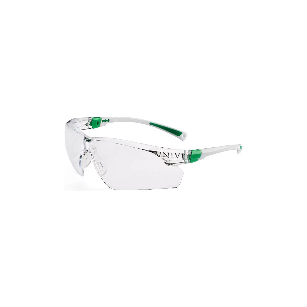 Lunettes de sécurité transparentes avec branches blanches, accents verts et lettrage UNIVET.