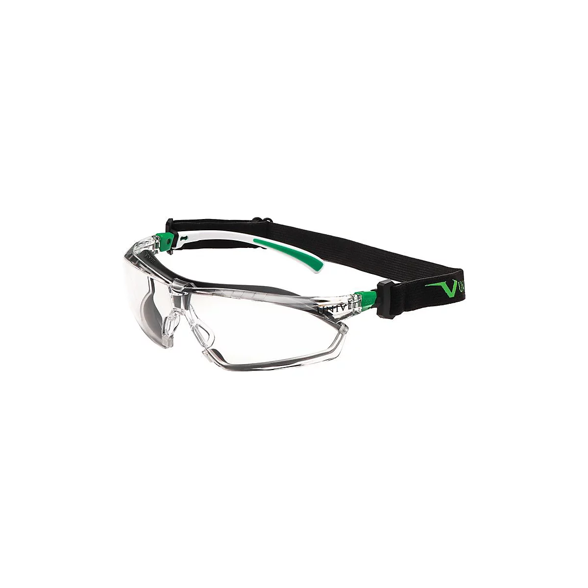 Lunettes de sécurité transparentes avec sangle noire et accents verts. Un lettrage vert "V" est visible sur la sangle.