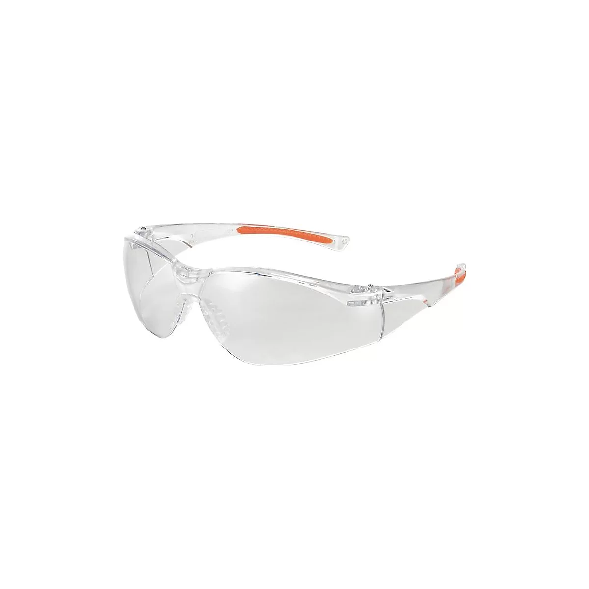 Lunettes de sécurité transparentes avec des accents orange sur les branches. La monture et les verres transparents sont clairement visibles.