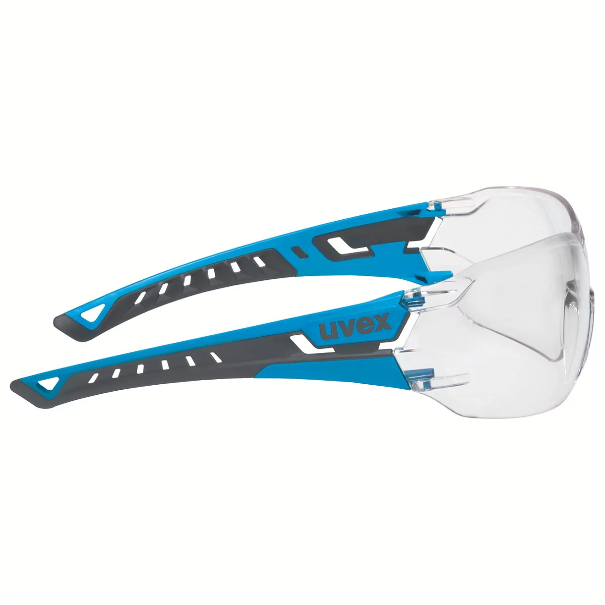 Lunettes de sécurité avec branches bleues, accents gris et verres transparents. Logo Uvex visible.