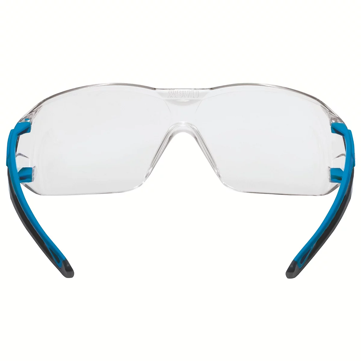 Lunettes de sécurité avec verres transparents et branches bleues.