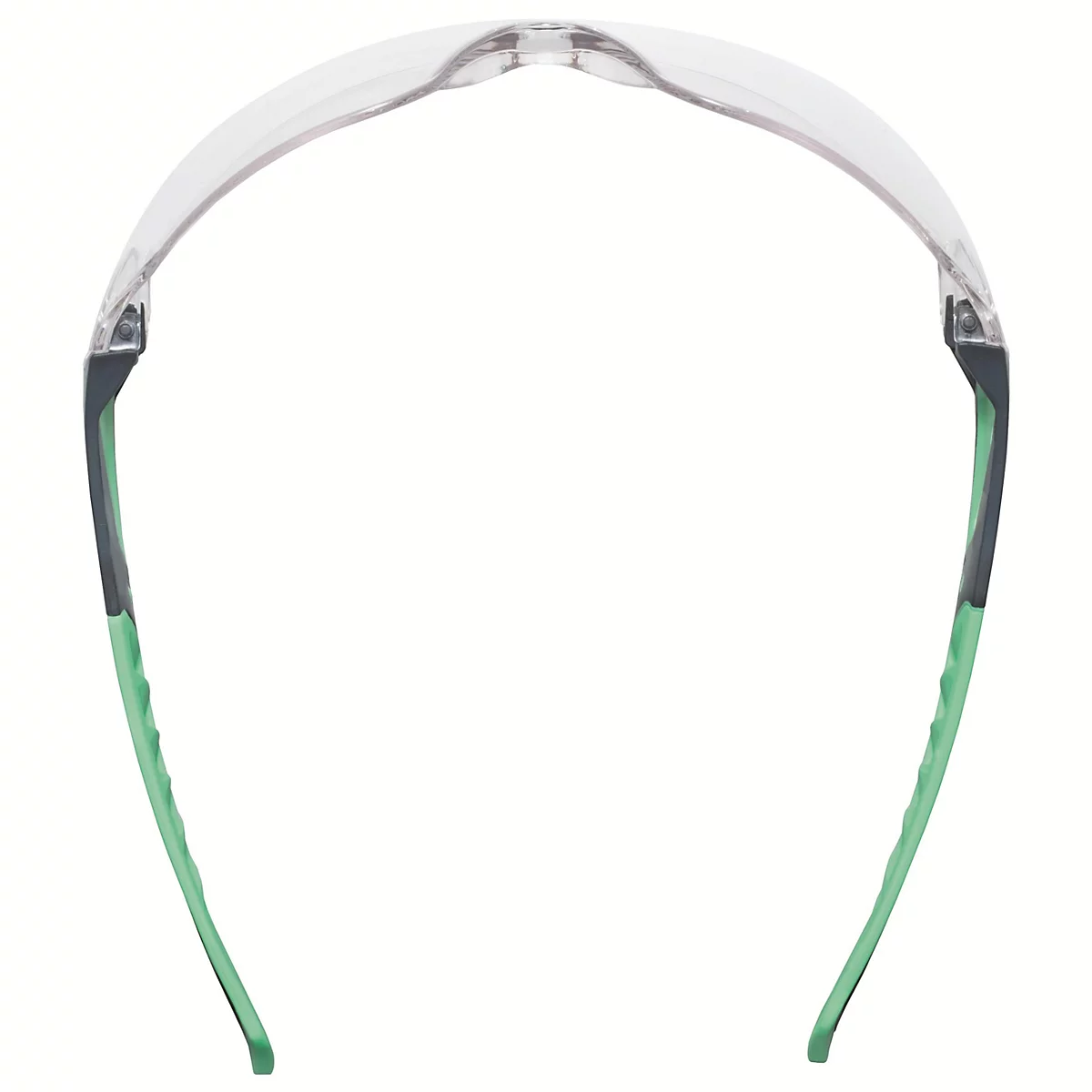 Lunettes de sécurité avec monture transparente et branches vertes, vue de dessus.