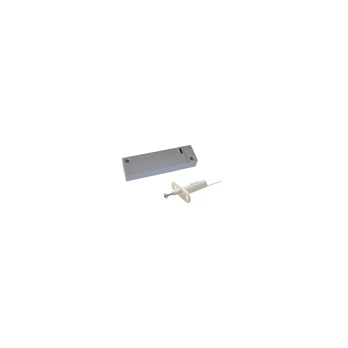 Graues, rechteckiges GehÃ¤use und weiÃŸer, zylindrischer Magnet mit Schraube, vor weiÃŸem Hintergrund.