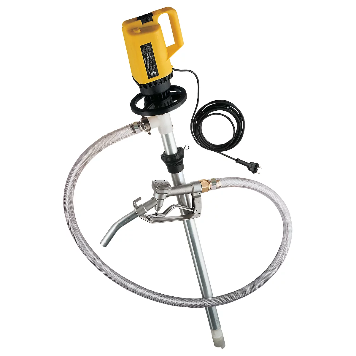 Yellow drum pump with black elements, silver pipes, and a black cable. The spout is metal.