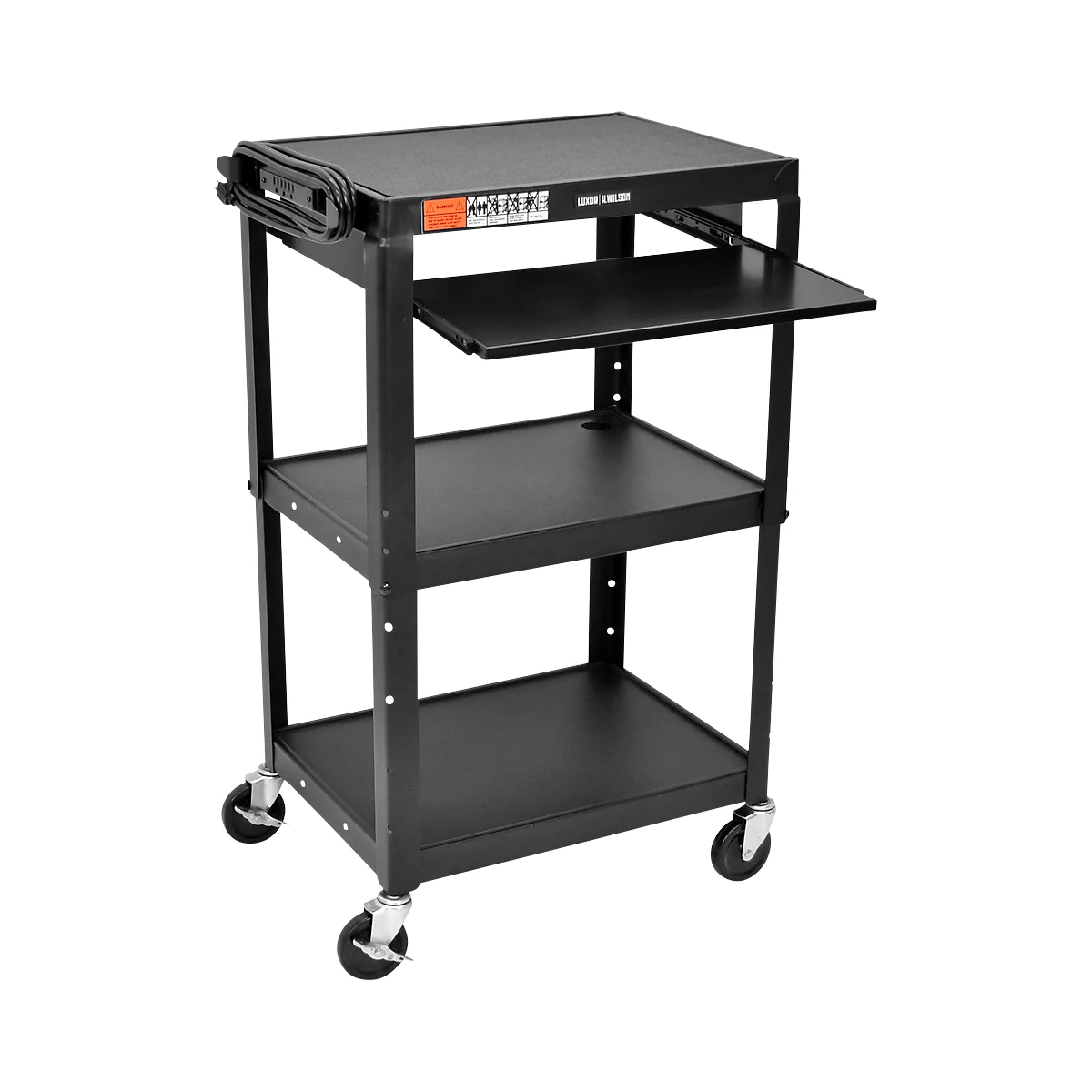 Luxor in hoogte verstelbare multifunctionele trolley met toetsenbordlade, metaal, 3 legborden, 4 zwenkwielen, zwart