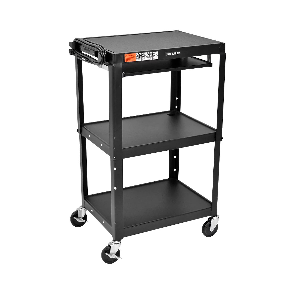 Luxor in hoogte verstelbare multifunctionele trolley met toetsenbordlade, metaal, 3 legborden, 4 zwenkwielen, zwart