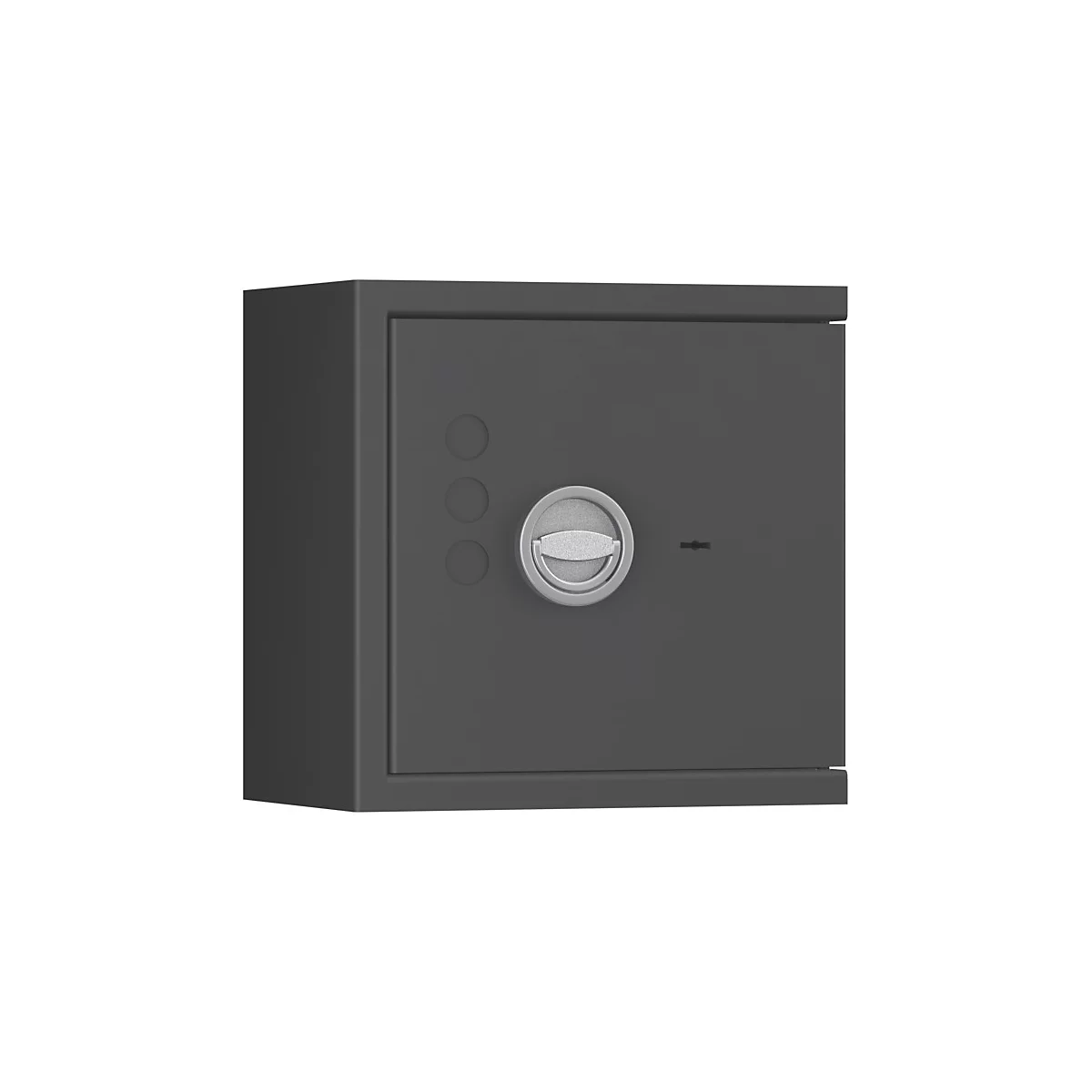 Grijze kluis tegen een witte achtergrond. Ronde knoppen aan de linkerkant en een zilveren draaihendel.