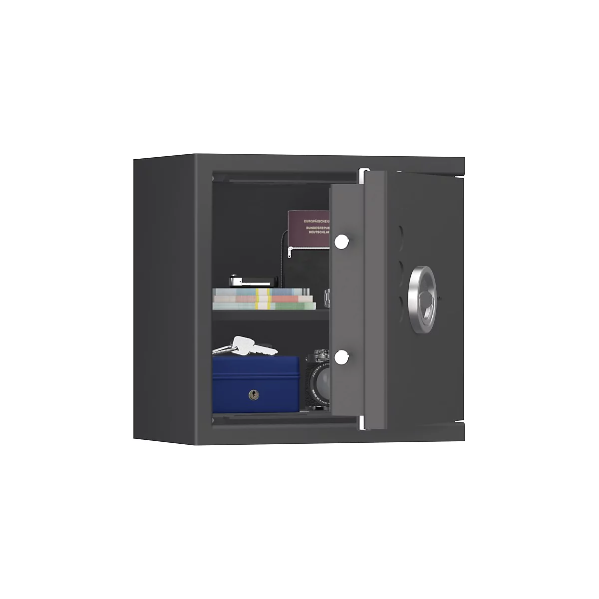 Grijze kluis met open deur. Binnenin: paspoorten, sleutels, blauwe doos en andere items.