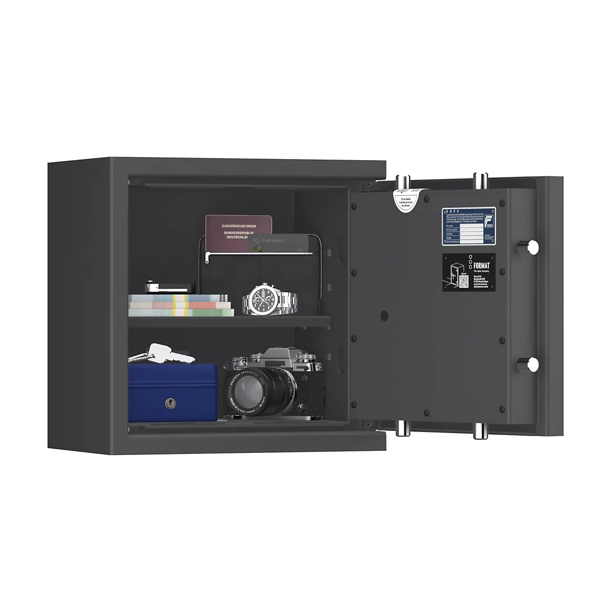 Open donkere kluis toont waardevolle spullen: camera, horloge, sieraden, papieren. Deur met info label.