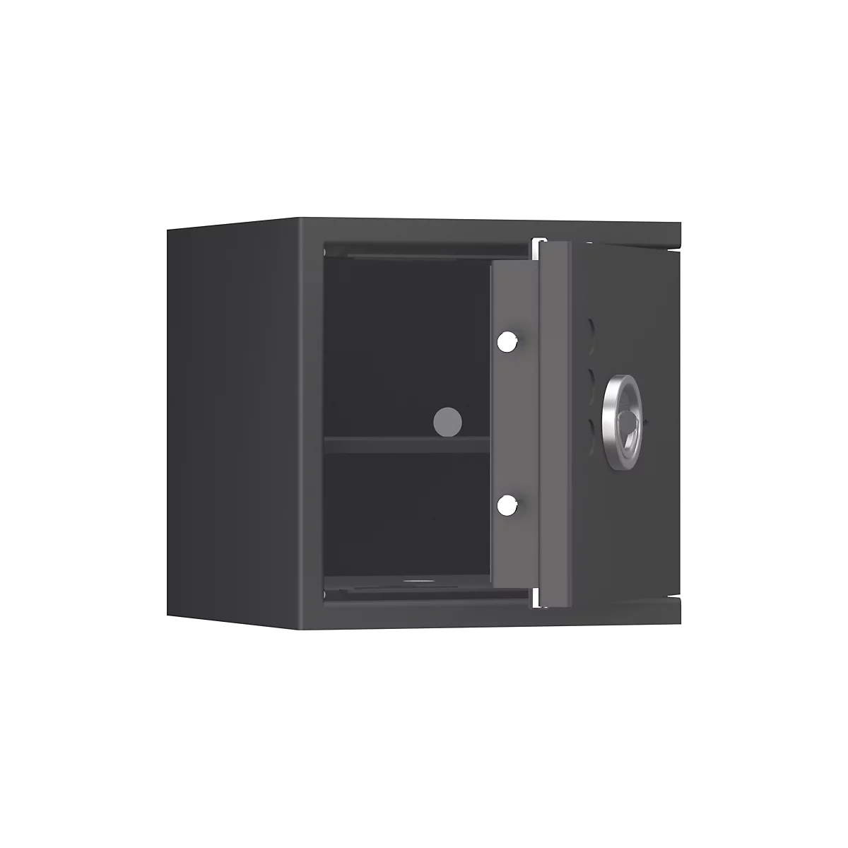 Een zwarte, open kluis. De deur staat open en toont de binnenkant met een plank.