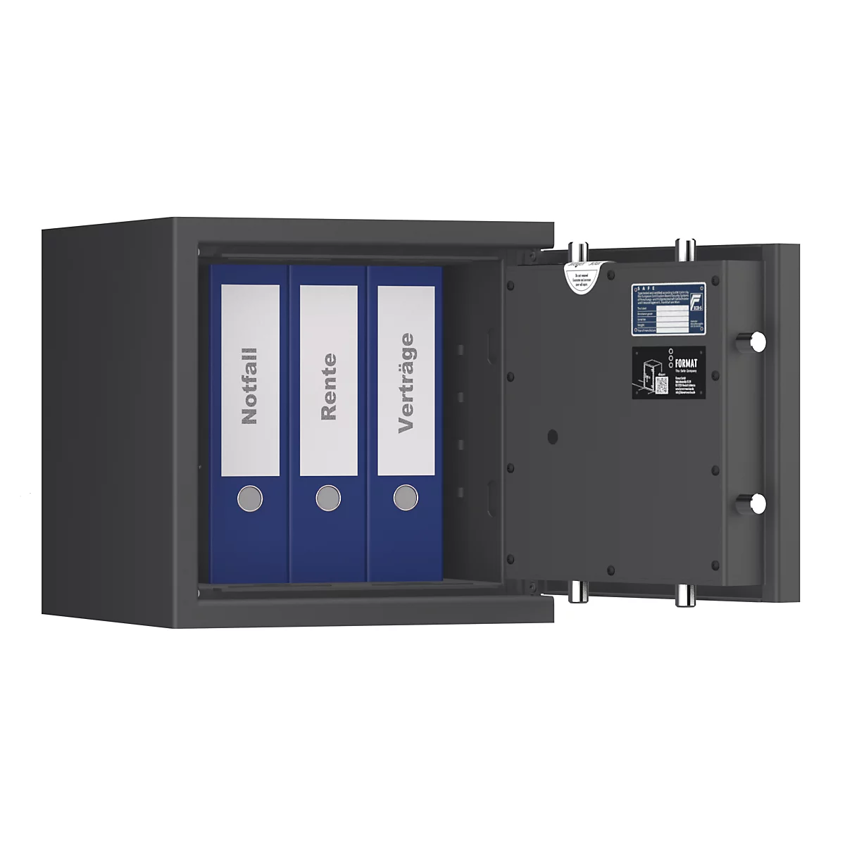 Een open, grijze kluis. Daarin blauwe ordners met opschriften: nood, pensioen, contracten. De binnendeur toont een typeplaatje.