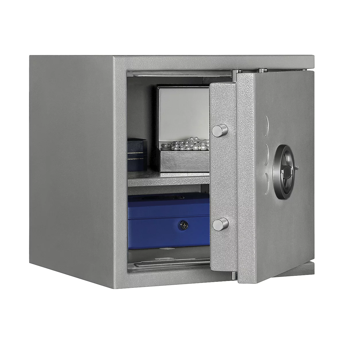 Lyra 2 safe, weerstandsklasse 0 volgens EN 1143-1, volume 31 l, deur rechts scharnierend, dubbelbaard slot met 2 sleutels, 1 legbord, incl. verankeringsmateriaal, B 400 x D 420 x H 405 mm, lichtgrijs RAL 7035