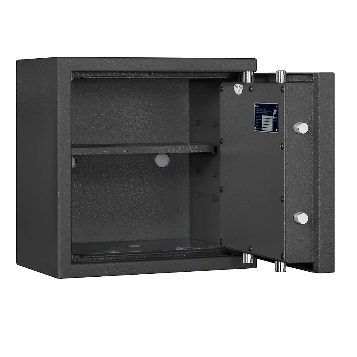 Lyra 2 safe, weerstandsklasse I volgens EN 1143-1, volume 31 l, deur rechts scharnierend, dubbelbaard slot met 2 sleutels, 1 legbord, incl. verankeringsmateriaal, B 400 x D 420 x H 405 mm, grafietgrijs RAL 7024
