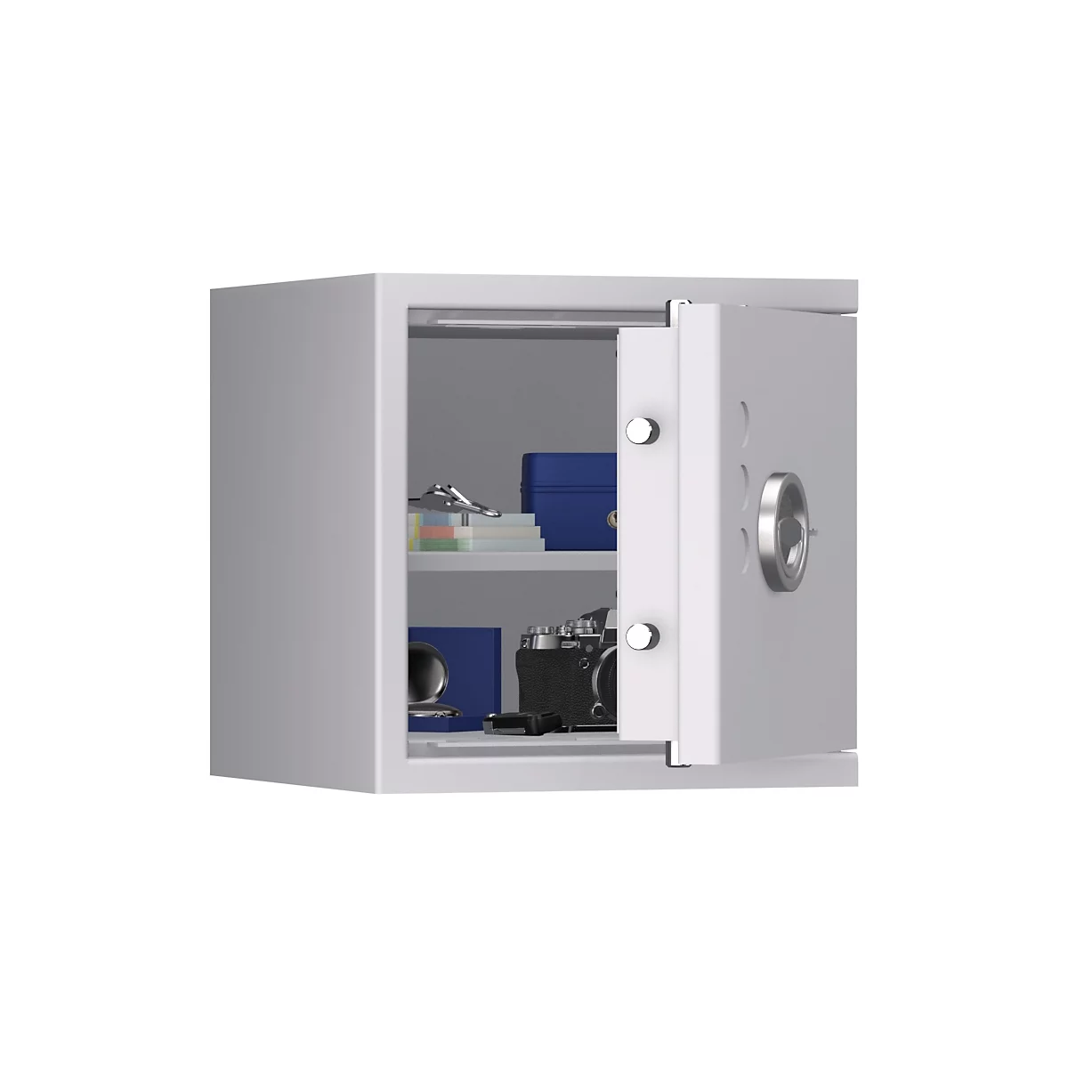 Lyra 2 safe, weerstandsklasse I volgens EN 1143-1, volume 31 l, deur rechts scharnierend, dubbelbaard slot met 2 sleutels, 1 legbord, incl. verankeringsmateriaal, B 400 x D 420 x H 405 mm, lichtgrijs RAL 7035