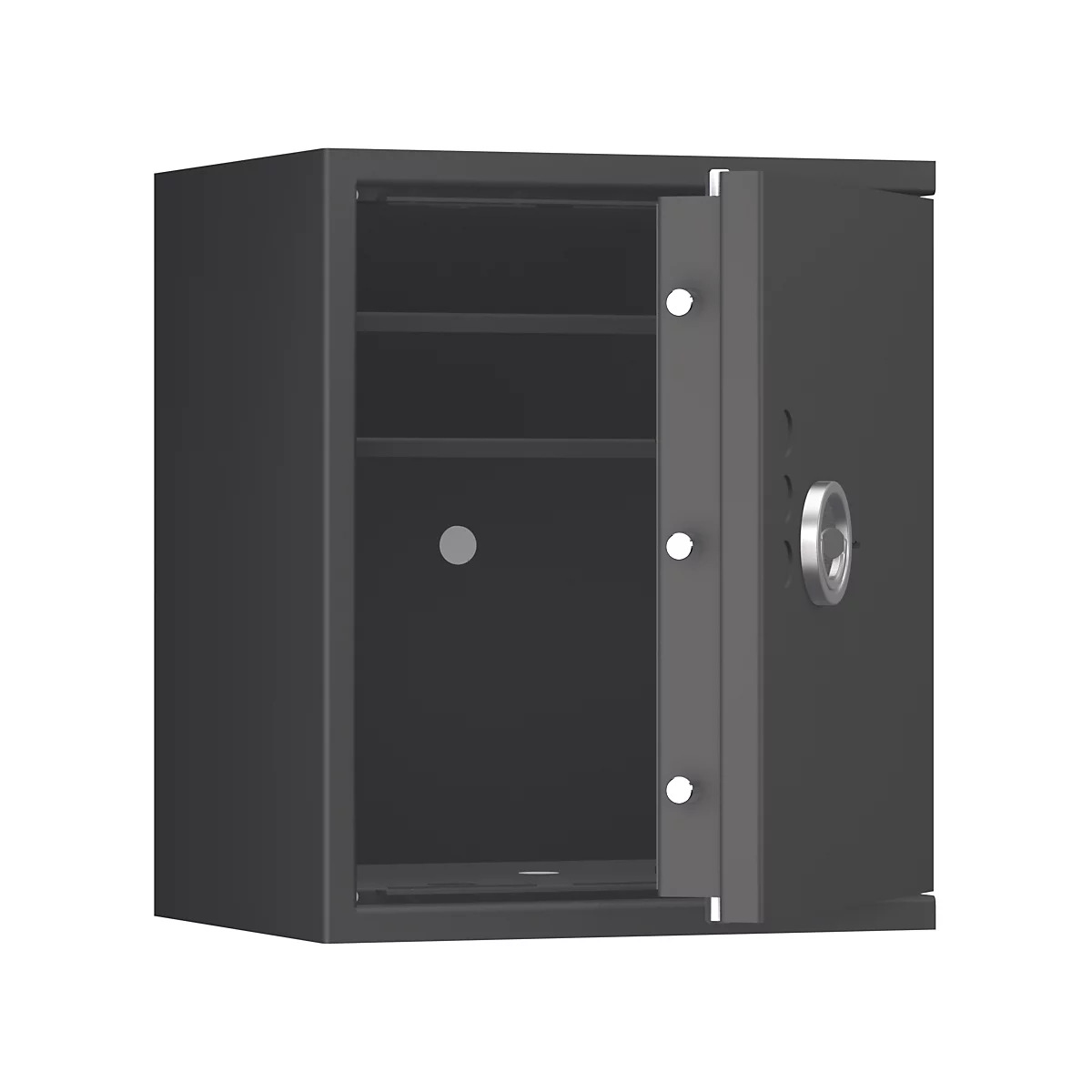 Een zwarte, open kluis, de deur is half open. Er zijn planken binnenin te zien.