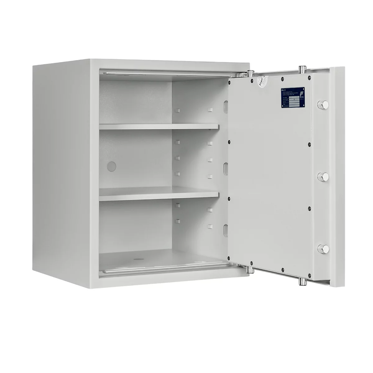 Lyra 3 safe, weerstandsklasse 0 volgens EN 1143-1, volume 66 l, deur rechts scharnierend, dubbelbaard slot met 2 sleutels, 2 legborden, incl. verankeringsmateriaal, B 500 x D 420 x H 605 mm, lichtgrijs RAL 7035