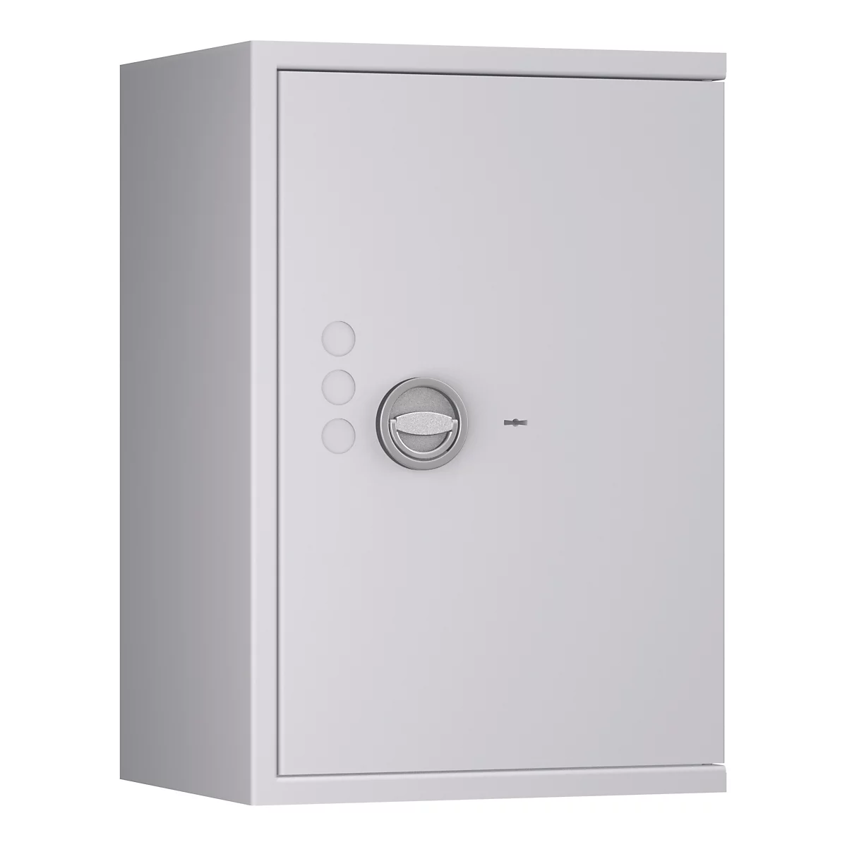 Een witte kluis met drie knoppen en een draaislot. Op een lichte achtergrond.