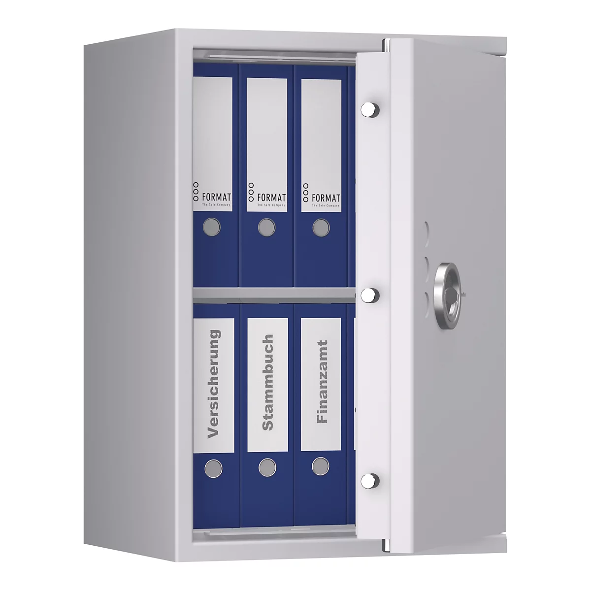Een open, grijze stalen kast met blauwe mappen. Op de mappen staan de termen 'Verzekering', 'Stamboek' en 'Belastingdienst'.