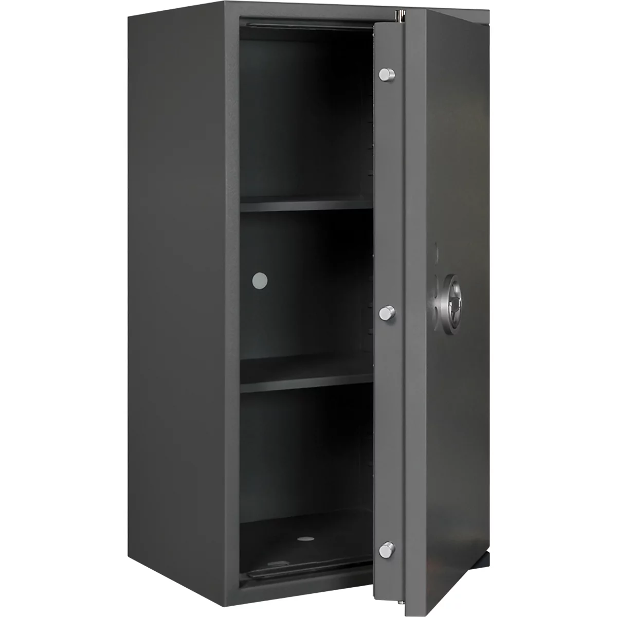 Grijze kluis met open deur, interieur met twee planken.