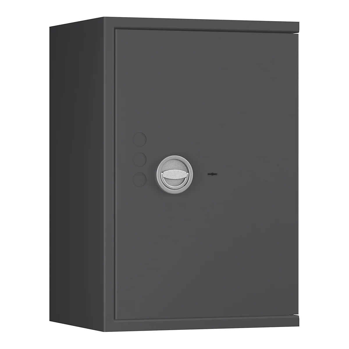Een grijze kluis met draaiknop en drie knoppen. De kluis staat tegen een witte achtergrond.